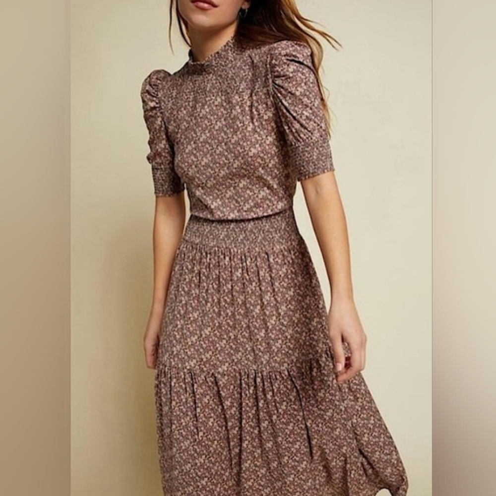 Nation Ltd Fabiana Small 100% Pima Cotton Smock Victorian Floral Midi Dress